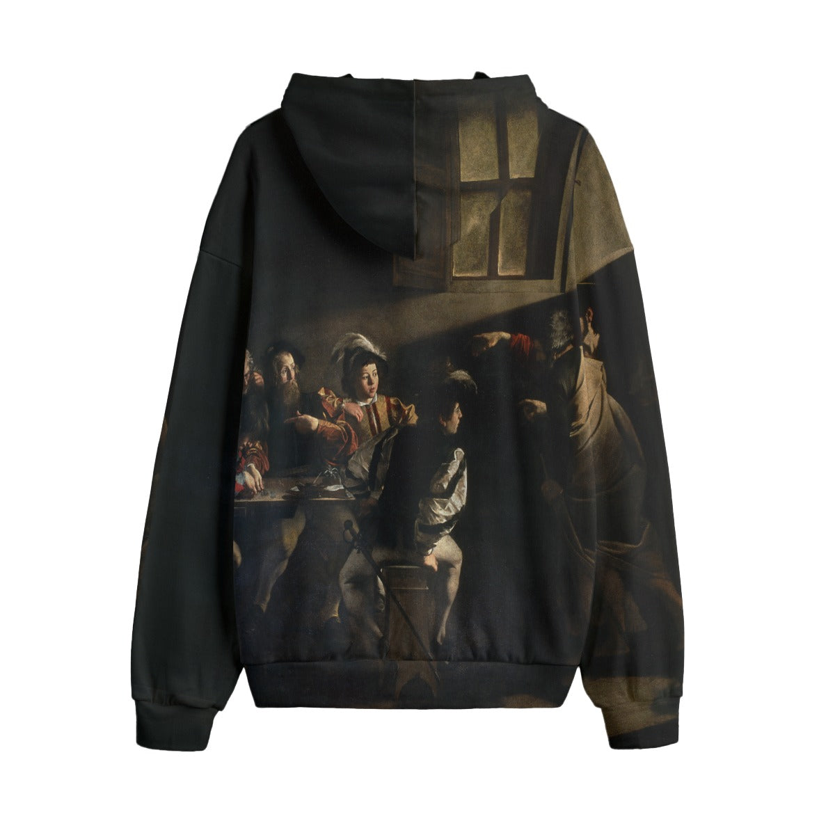 Back view of Caravaggio art hoodie showing full painting reproduction