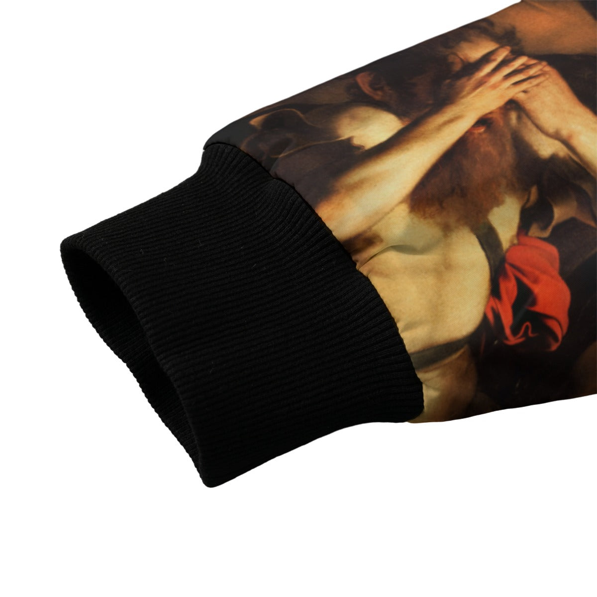 Side profile of Caravaggio Art Jacket showing The Conversion of Saint Paul premium print quality