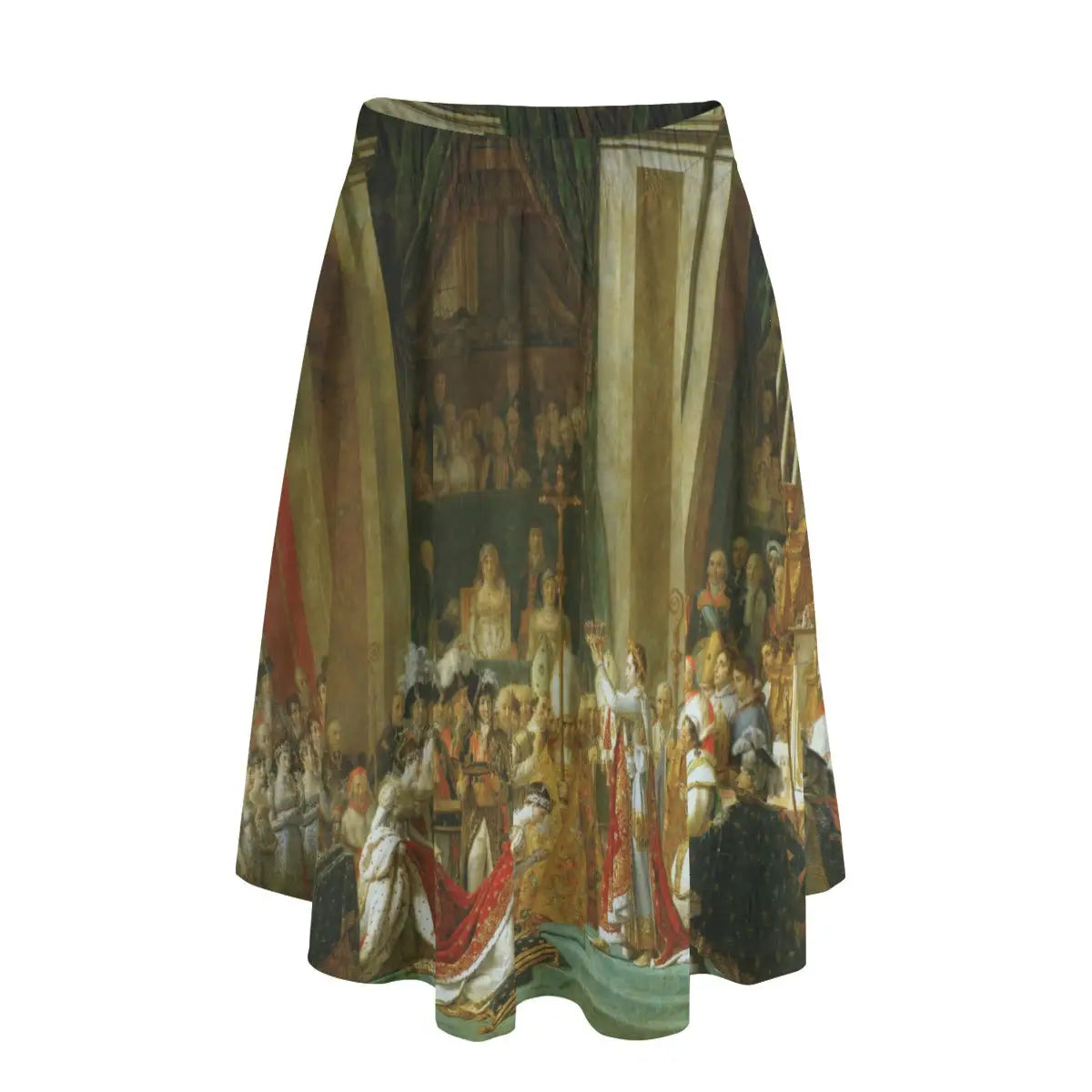 Woman wearing Jacques-Louis David's Coronation of Napoleon long maxi skirt showing the imperial ceremony against simple black top