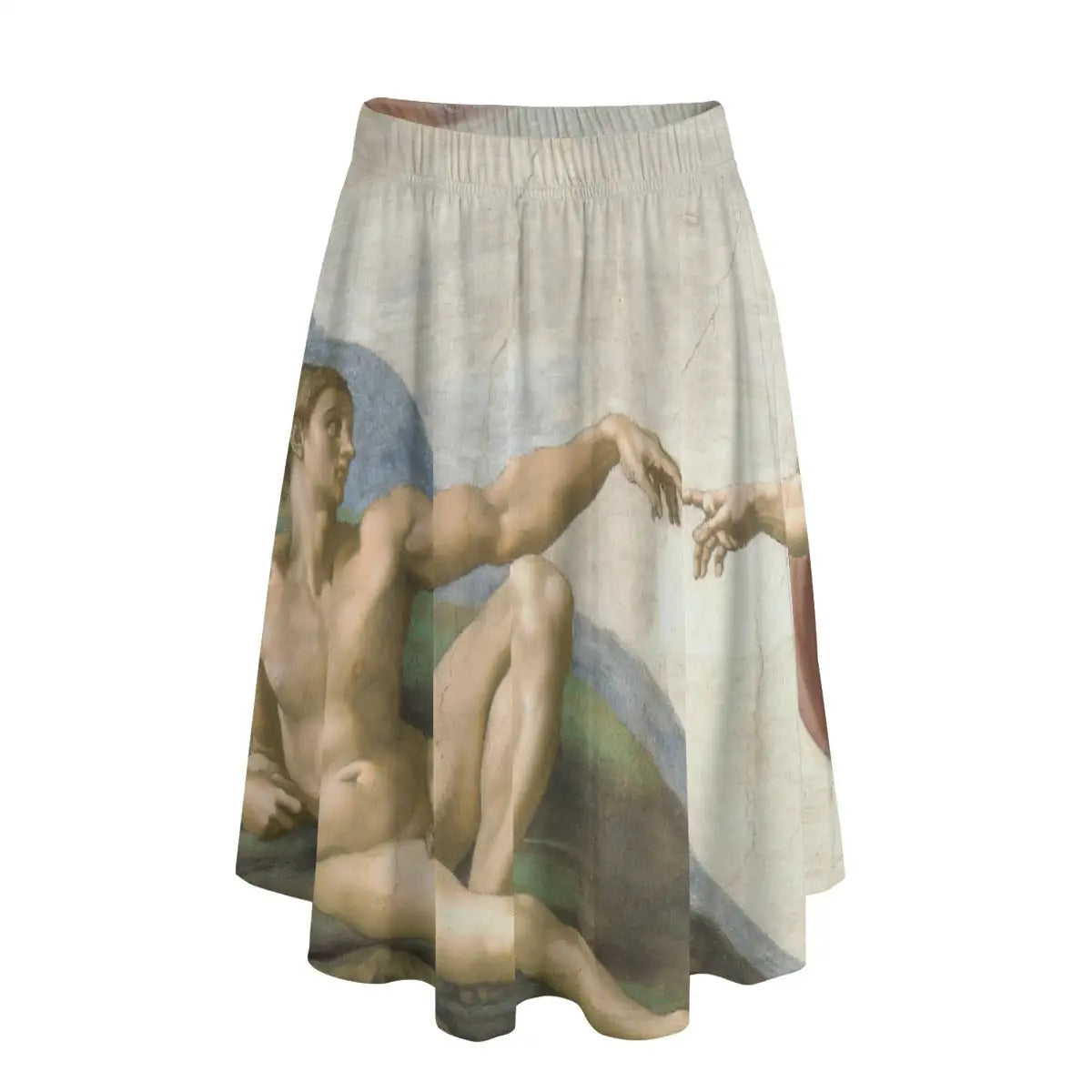 Woman wearing Michelangelo's Creation of Adam long maxi skirt showing the iconic reaching hands against neutral top