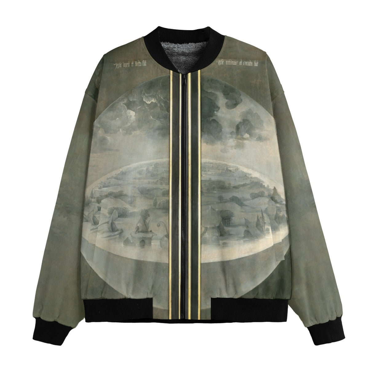 The Creation of the World by Hieronymus Bosch Bomber Jacket front view with medieval art print