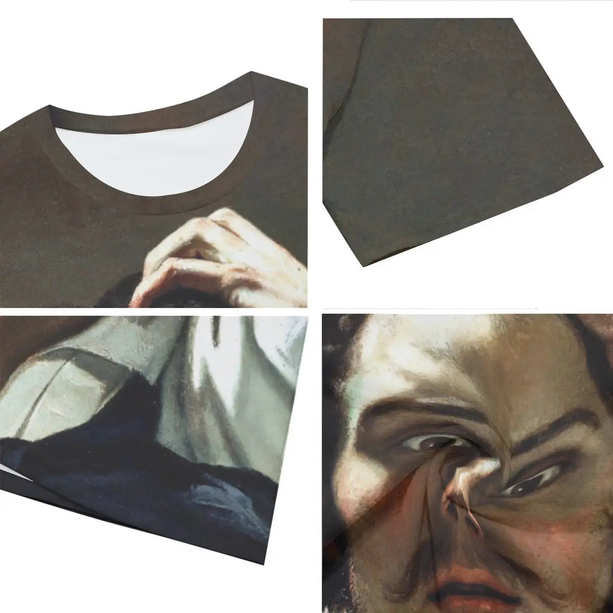 Close-up detail of high-quality printing on 100% cotton Desperate Man T-shirt, showcasing the meticulous reproduction of Courbet's virtuosic technique in rendering wild hair, intense eyes, and dramatic lighting that characterize this revolutionary self-portrait