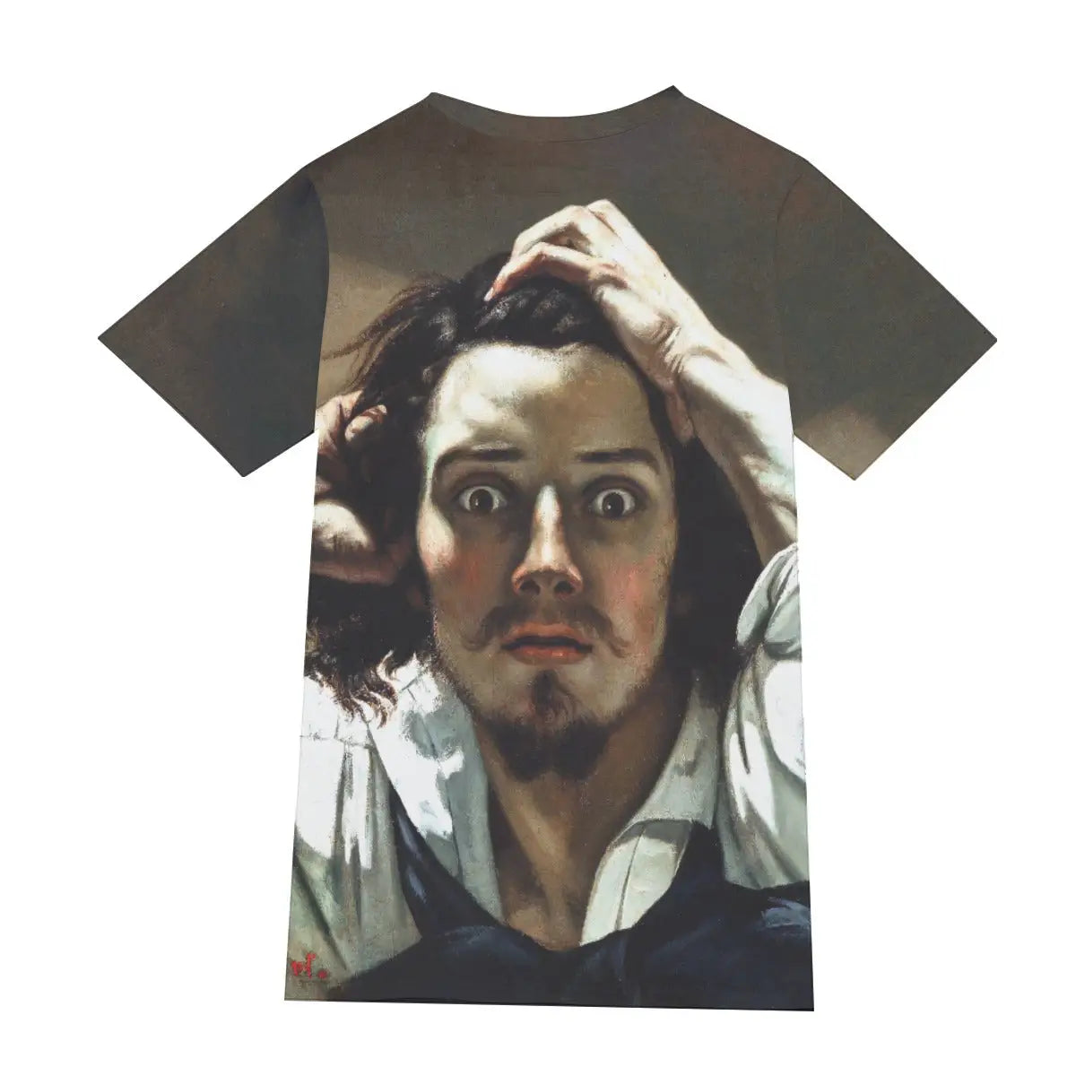 Back view of 190GSM cotton T-shirt showing the continuation of the rich earthy tones and dramatic contrasts of Courbet's revolutionary self-portrait, demonstrating the seamless print quality that captures the full emotional impact of this deeply personal artwork
