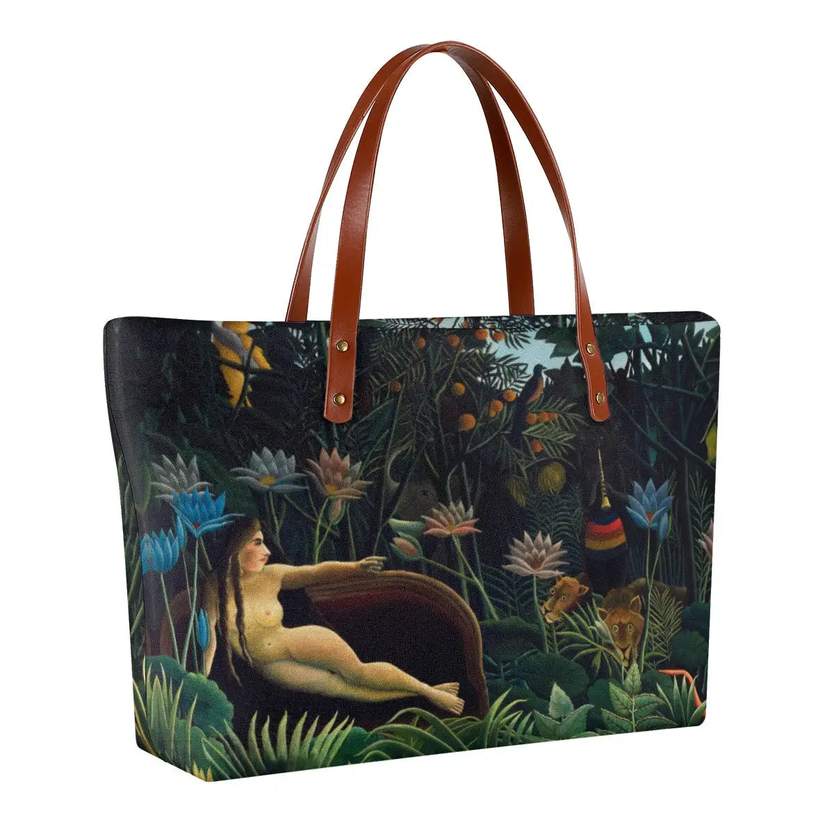 Waterproof art tote bag showing The Dream painting with black zipper and brown straps