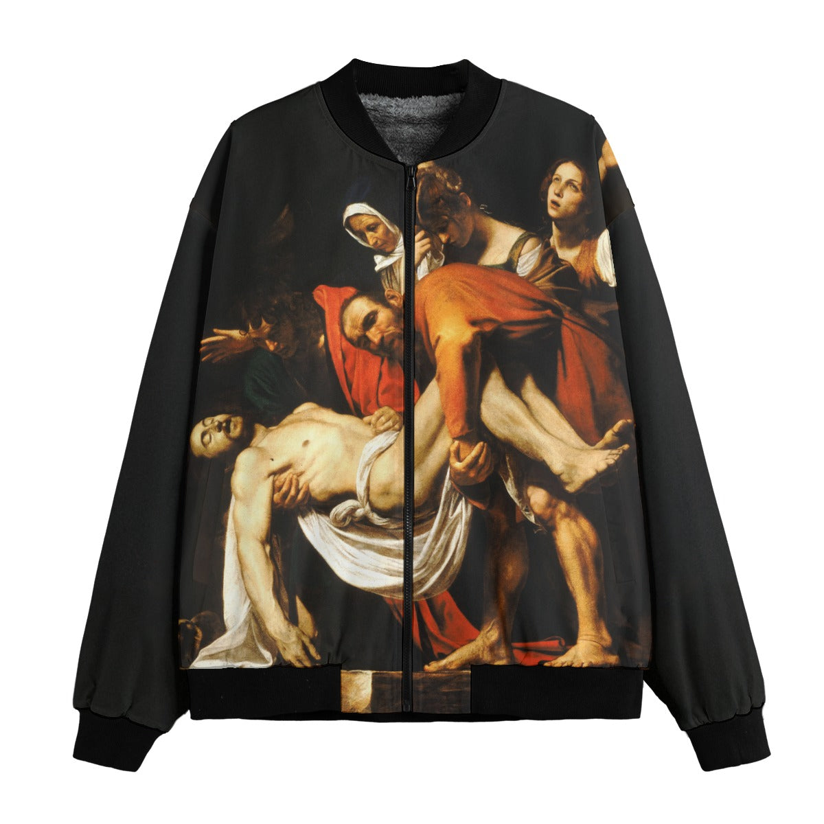 The Entombment by Caravaggio Bomber Jacket front view showing complete artwork reproduction