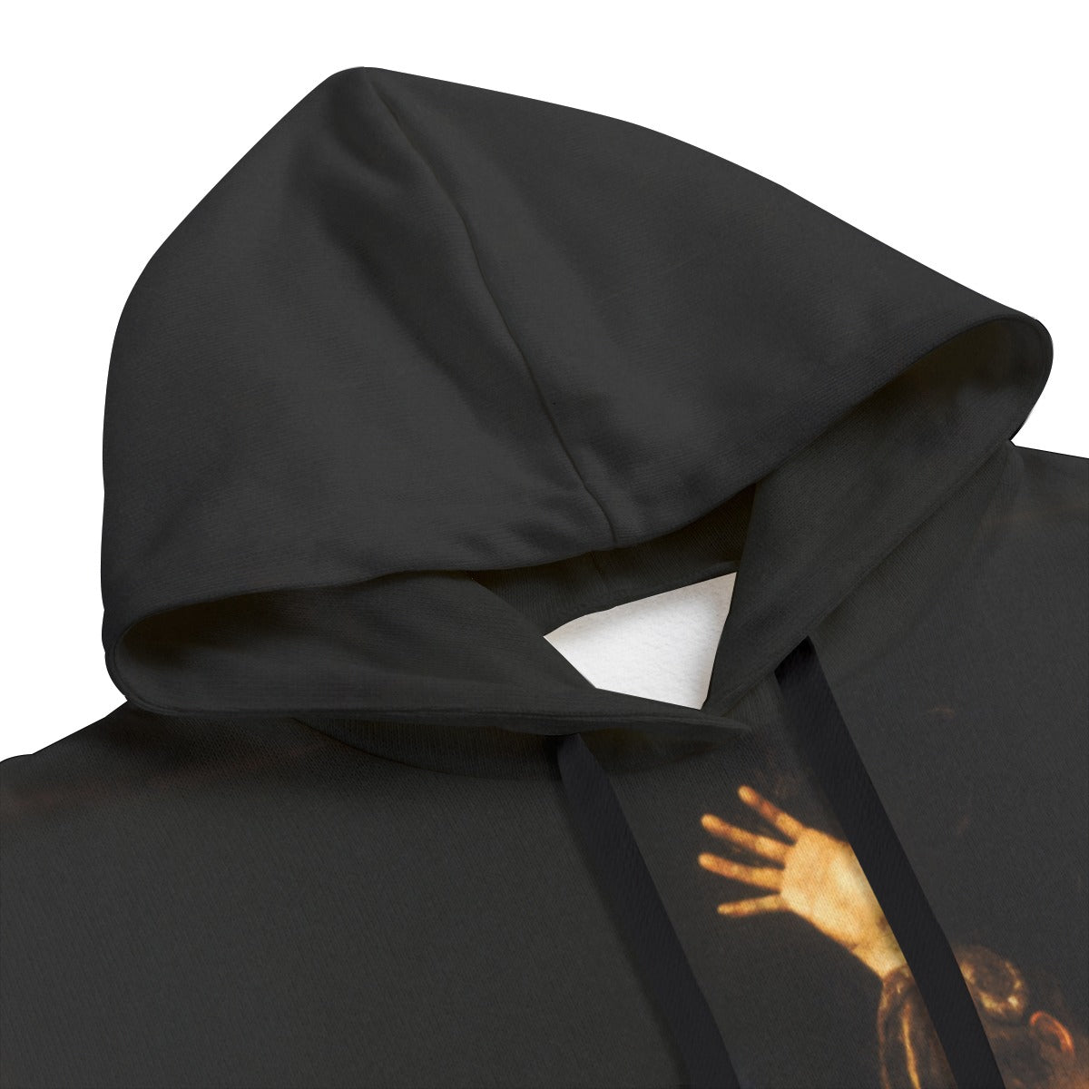 Close-up of The Entombment of Christ painting on premium fleece hoodie