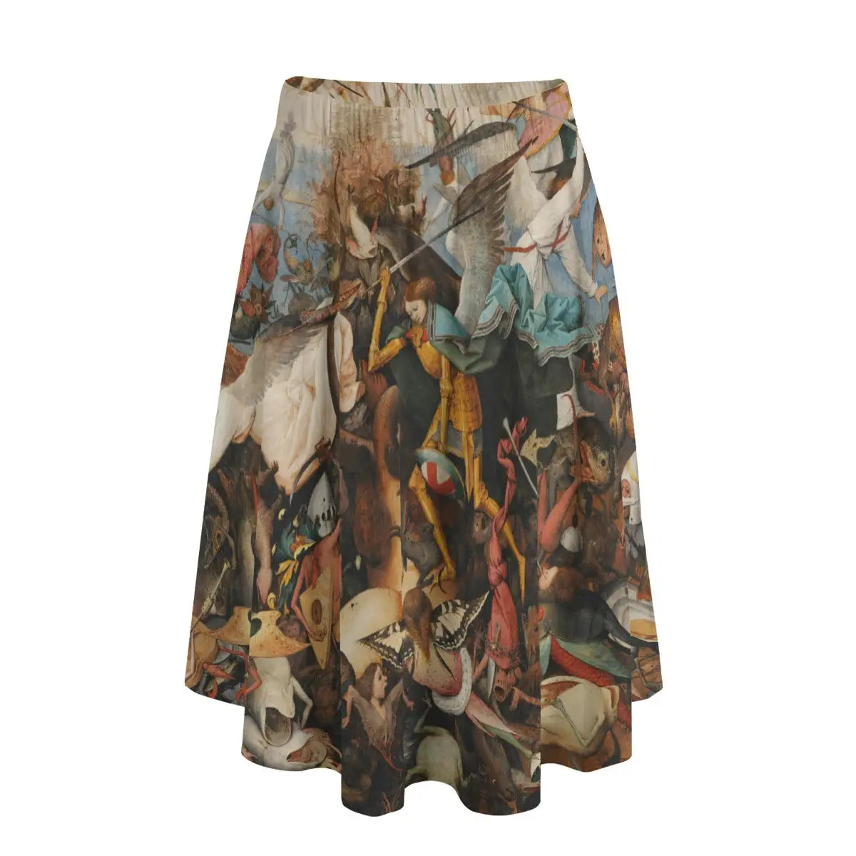 Woman wearing Pieter Bruegel's Fall of the Rebel Angels long maxi skirt showing the tumultuous celestial battle against simple navy blue top
