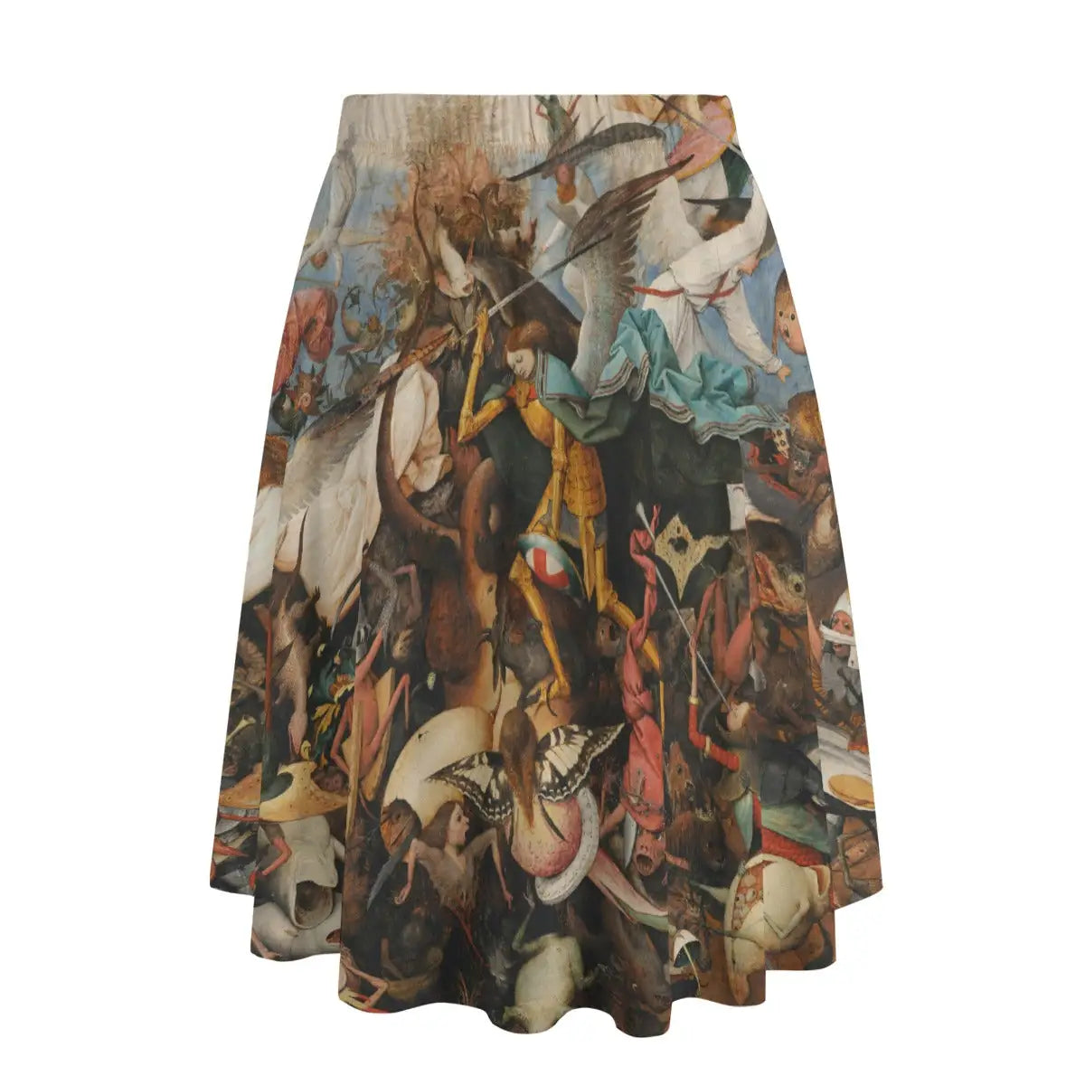 Back view of Netherlandish-inspired maxi skirt showing how the celestial warfare wraps dramatically around the garment