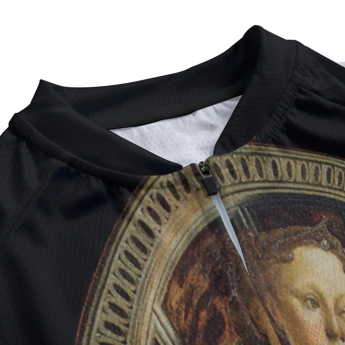 Detailed view of Botticelli's allegorical female figure with mace and shield reproduced on women's cycling jersey