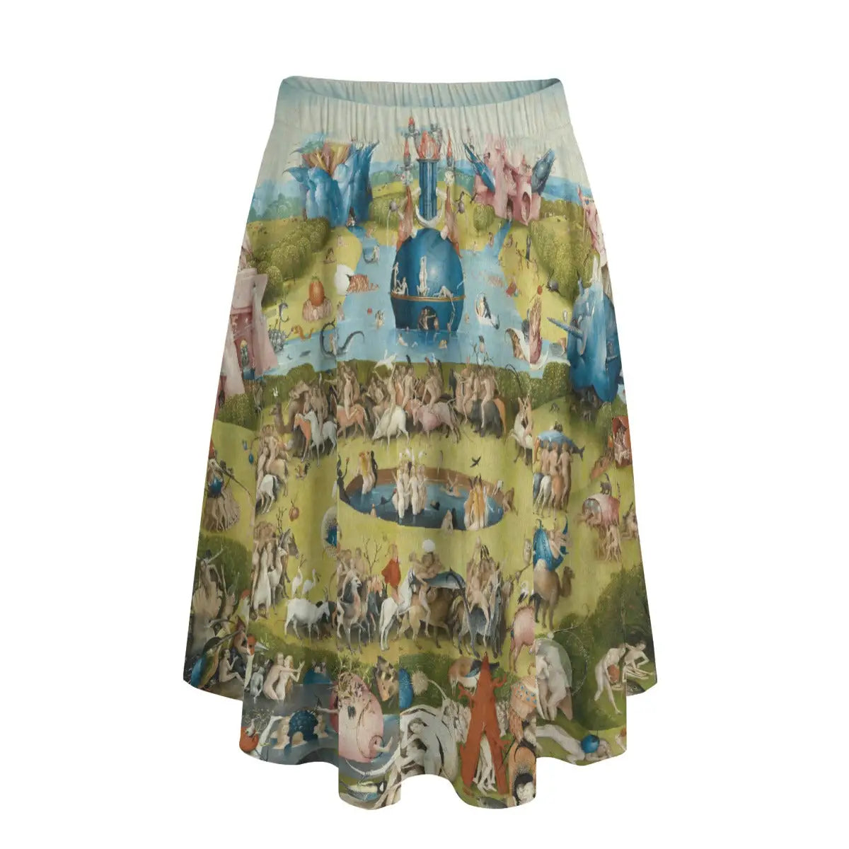 Woman wearing Hieronymus Bosch's Garden of Earthly Delights long maxi skirt showing the fantastical triptych scene against simple black top