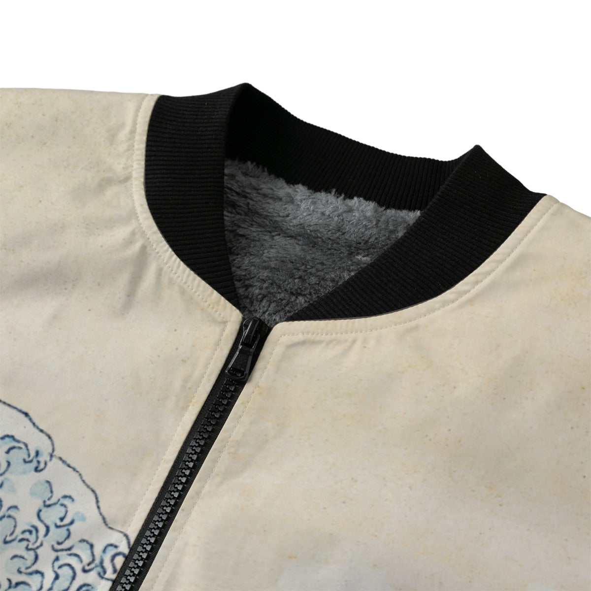 Prussian blue color detail of The Great Wave Artistic Jacket showing authentic Hokusai art colors