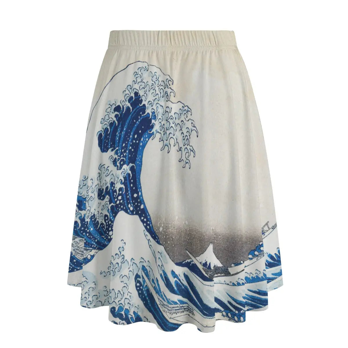 Back view of ukiyo-e inspired maxi skirt showing how the famous wave wraps completely around the garment