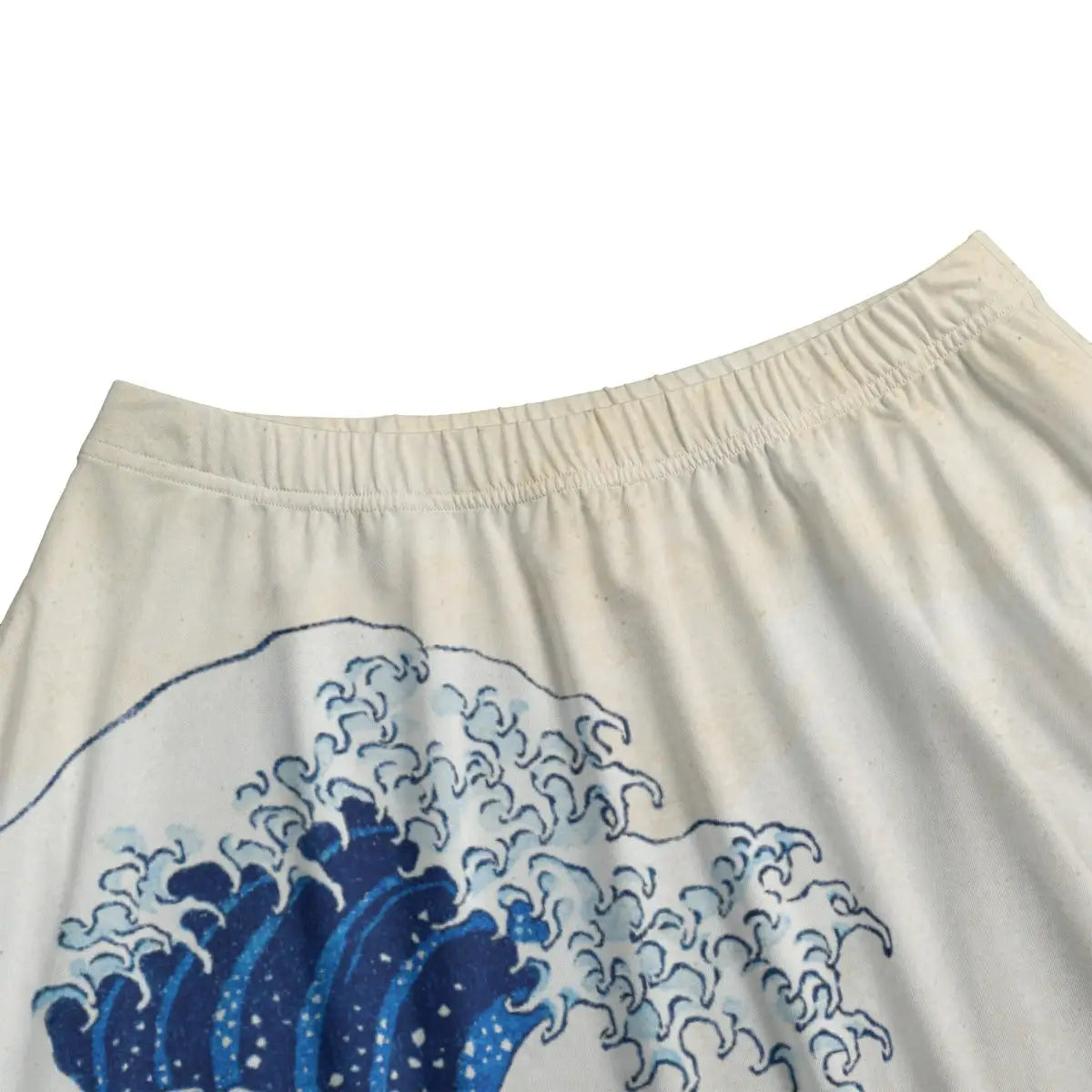 Close-up of precise wave crest details and boat elements from Hokusai's woodblock print masterpiece on premium fabric