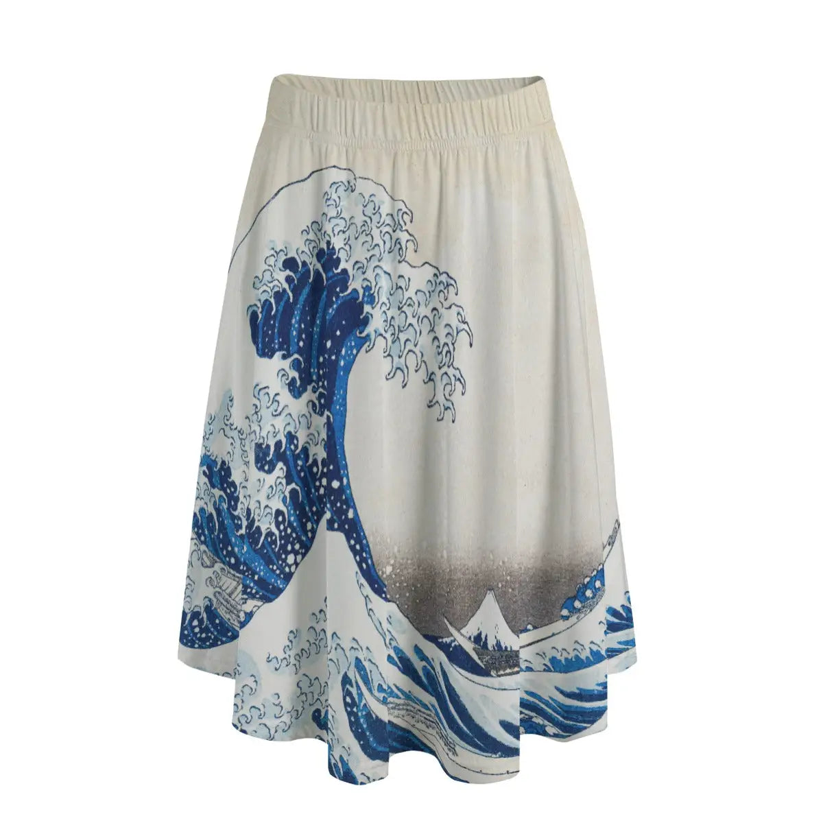 Woman wearing Hokusai's Great Wave off Kanagawa long maxi skirt showing the iconic surging wave against simple white top