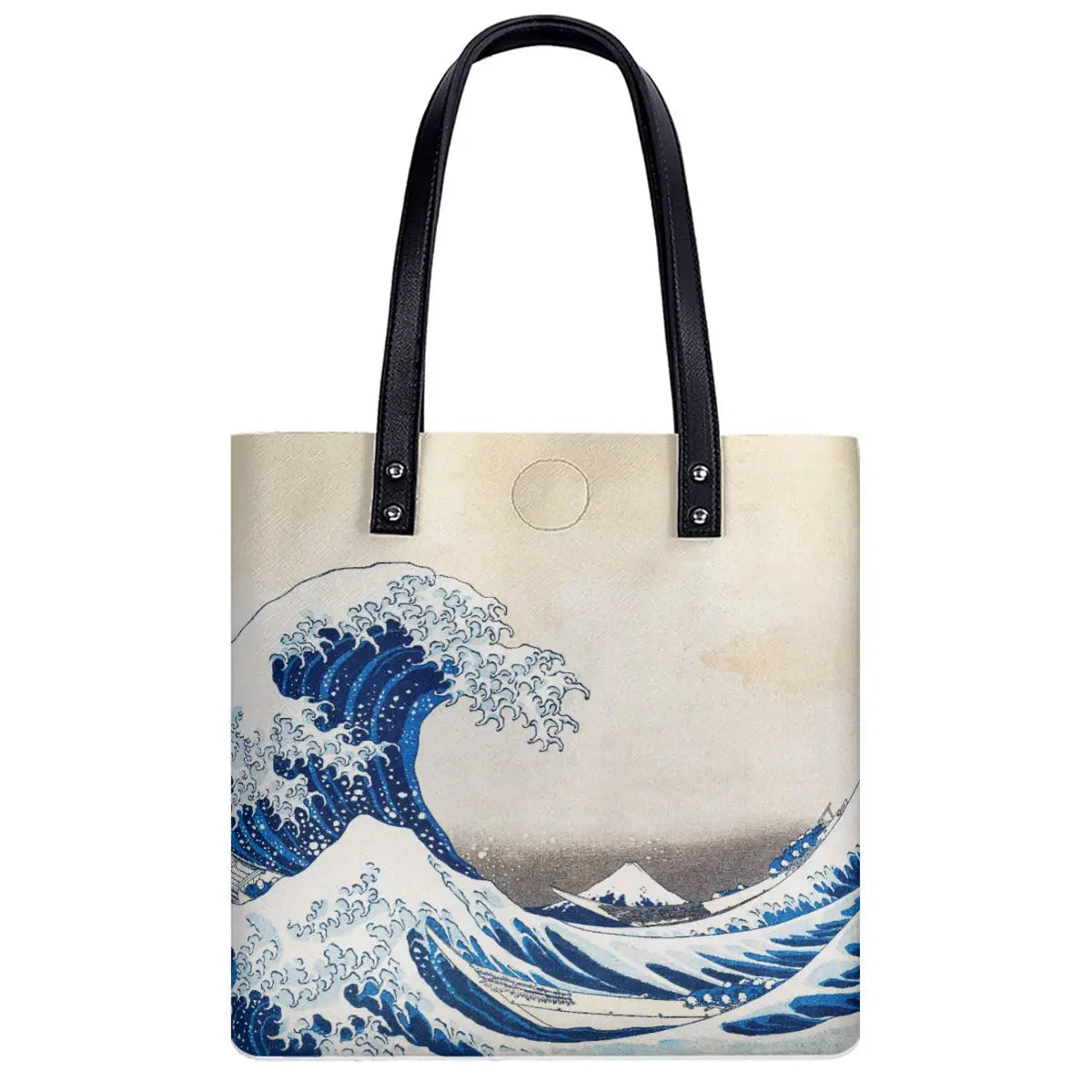 Close-up of The Great Wave print quality and black hardware details on artistic shoulder bag