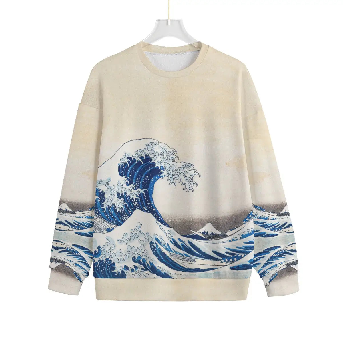 The Great Wave off Kanagawa Sweater showing full front print of Hokusai's wave and Mount Fuji