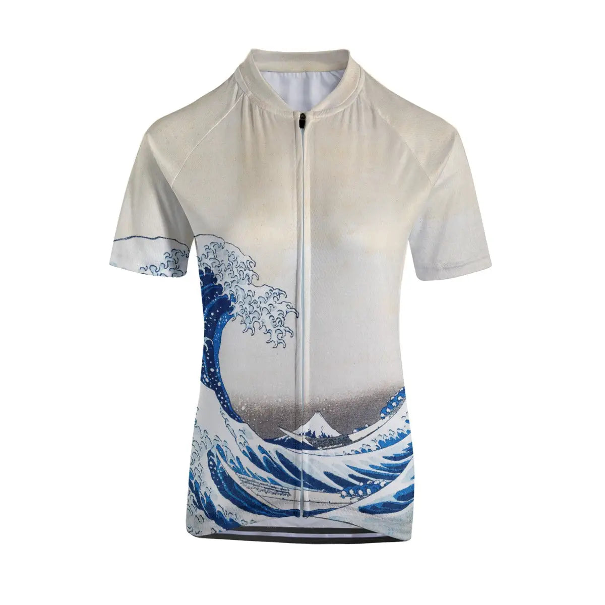 Woman cyclist wearing The Great Wave off Kanagawa jersey ascending coastal road with ocean view