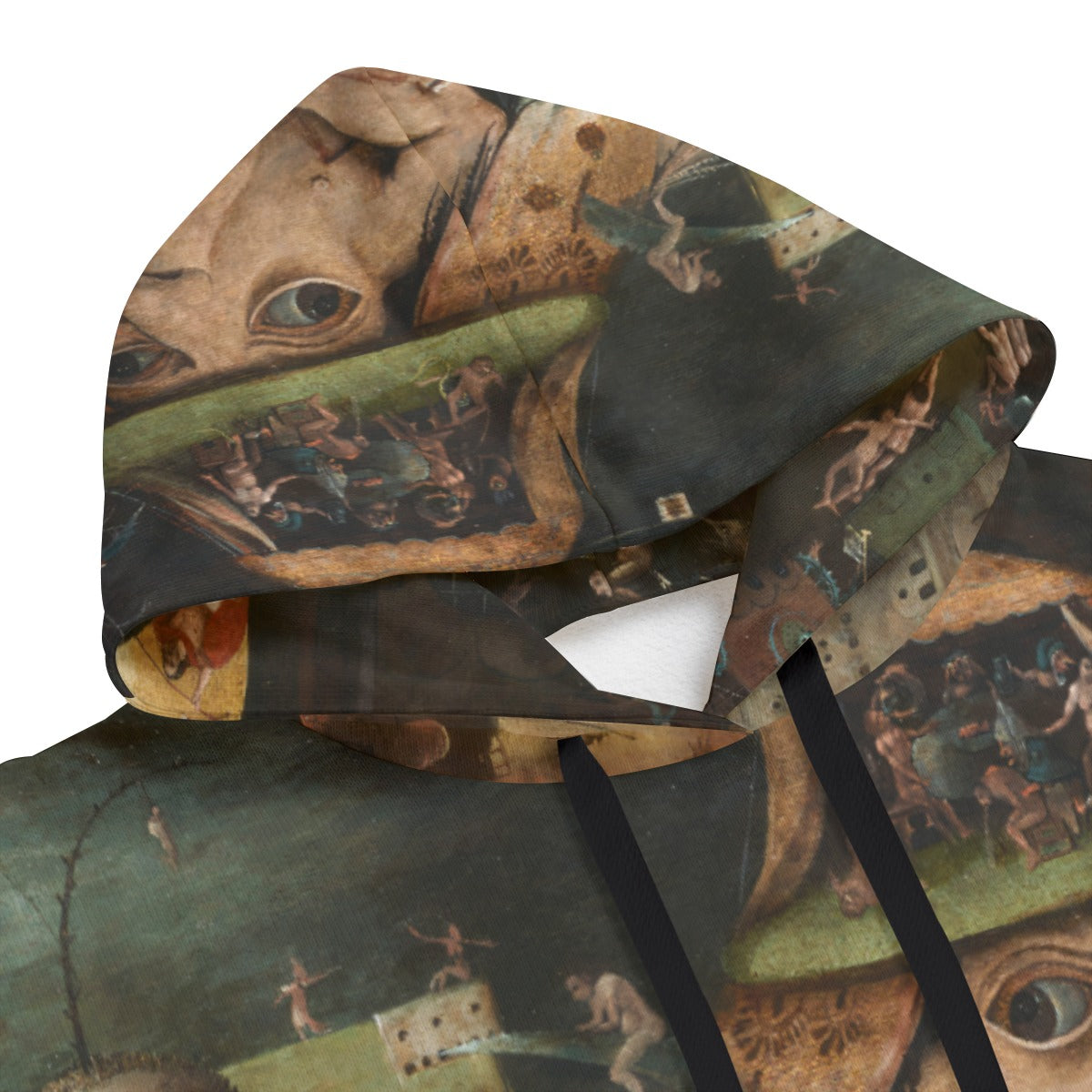 Artistic hoodie featuring Hieronymus Bosch's 'The Harrowing of Hell' laid flat