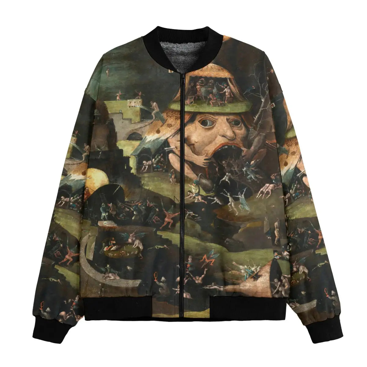 The Harrowing of Hell Jacket showing Bosch's Christ's Descent artwork on bomber jacket front