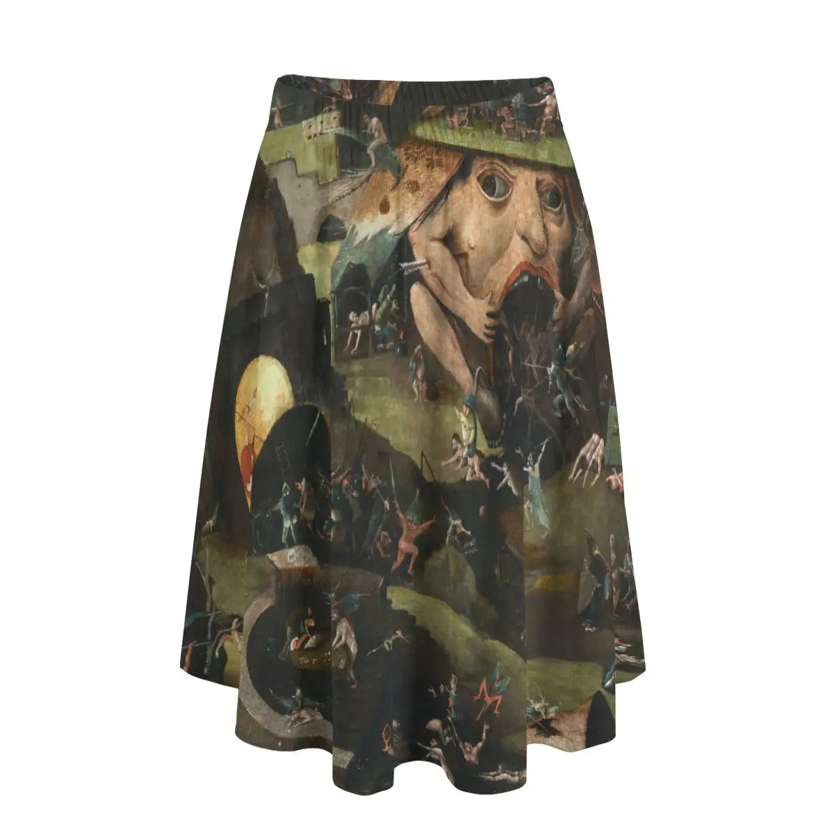 Woman wearing Hieronymus Bosch's Harrowing of Hell long maxi skirt showing the fantastical underworld scene