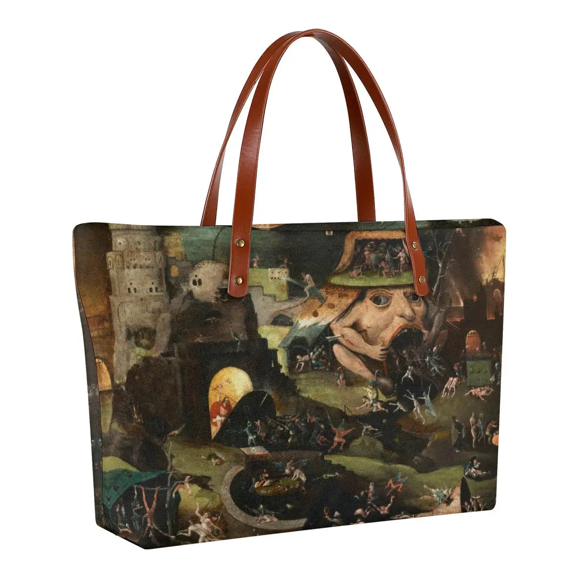 Double-sided art print tote bag showing The Harrowing of Hell by Bosch with brown strap