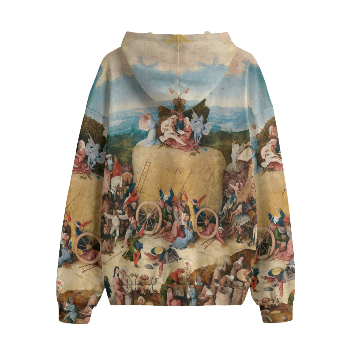 Back view of The Haywain Triptych hoodie, showing full artwork spread