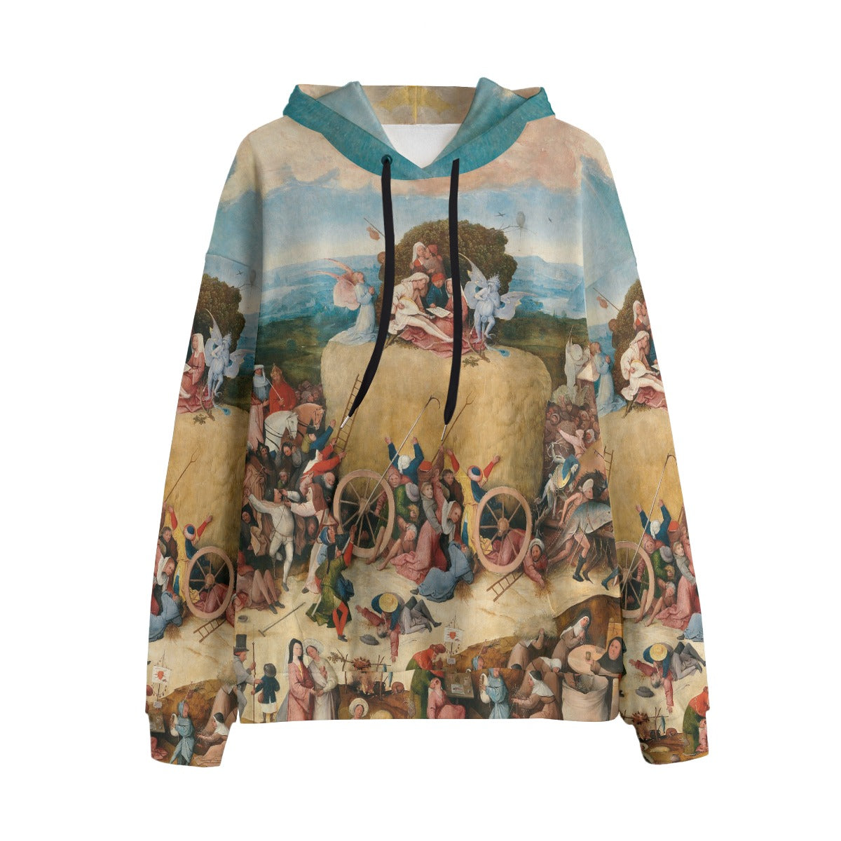 Front view of The Haywain Triptych hoodie showcasing Bosch's surreal artwork