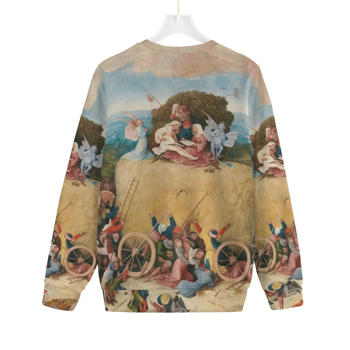 Haywain Triptych art sweater front view displaying Paradise scene