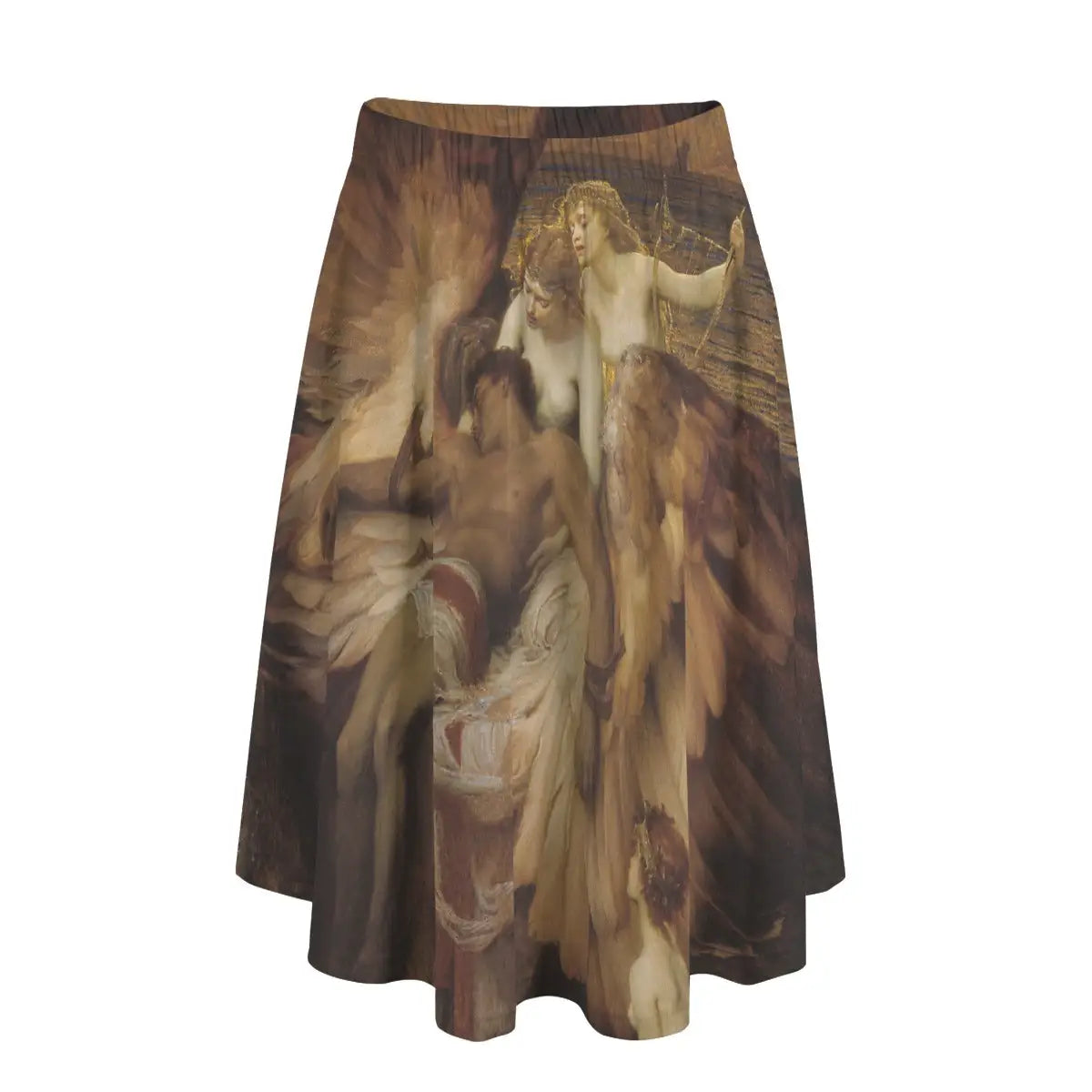 Woman wearing Herbert Draper's Lament for Icarus long maxi skirt showing the tragic mythological scene against simple gold blouse