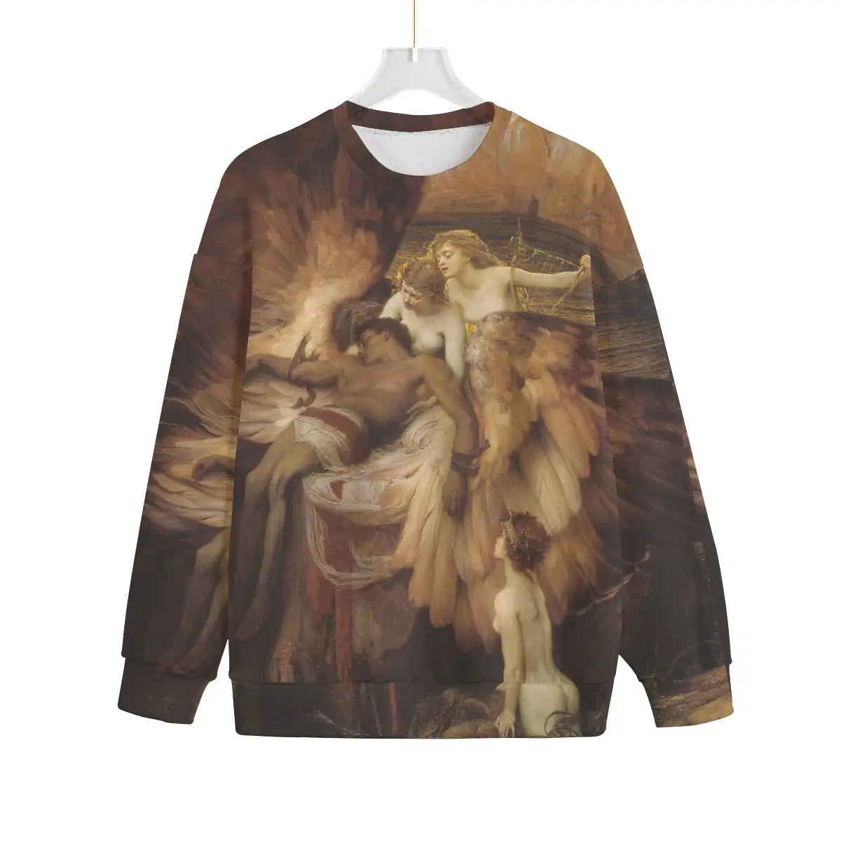 Artistic sweater displaying The Lament for Icarus painting on recycled polyester fleece