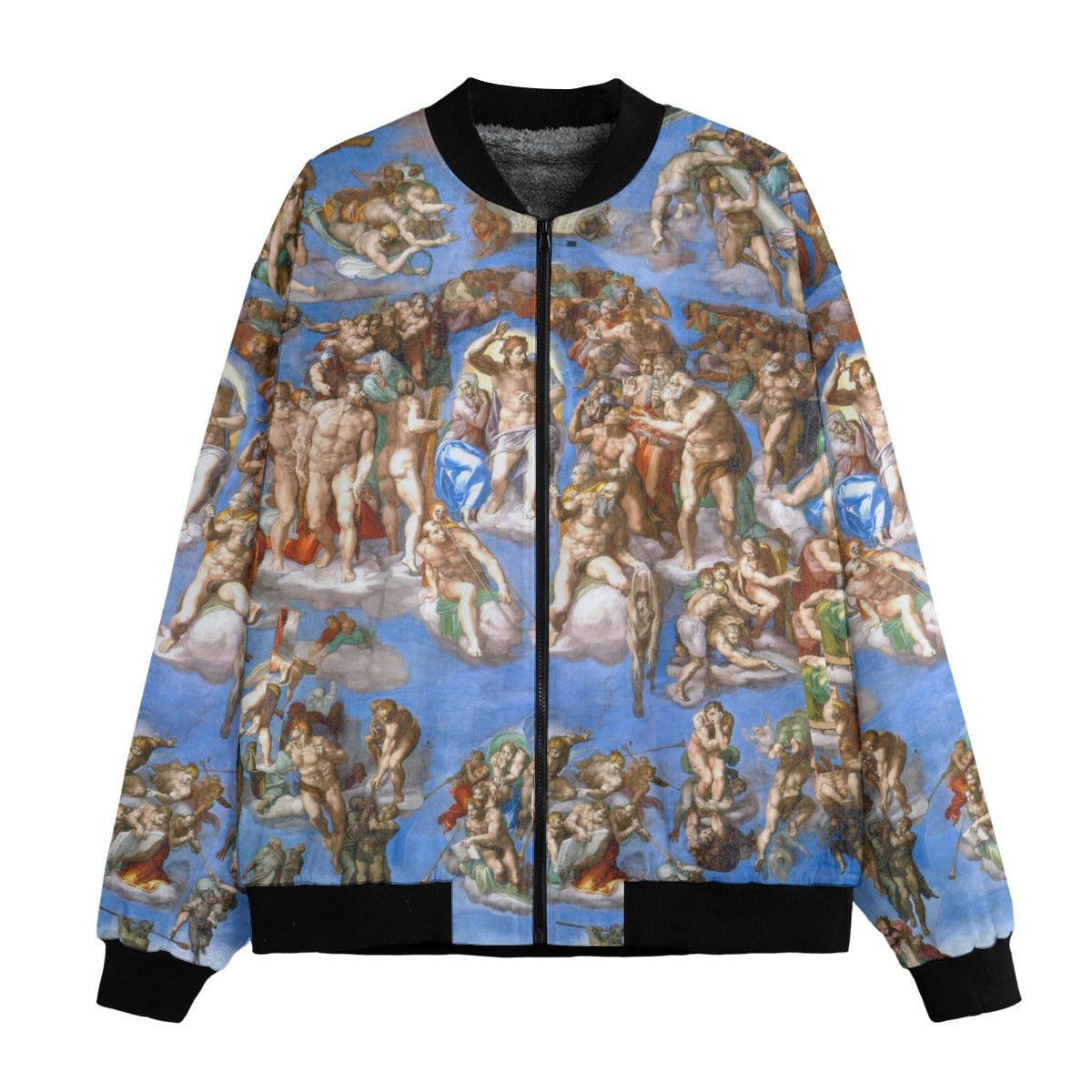 The Last Judgment by Michelangelo artistic bomber jacket front view displaying complete fresco design