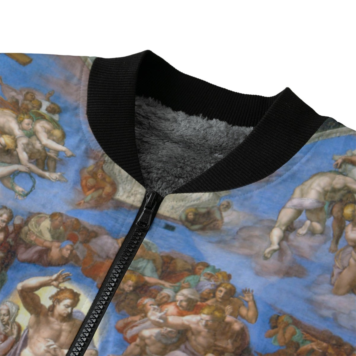 Premium fleece-lined bomber jacket with silver zipper showing Last Judgment print quality