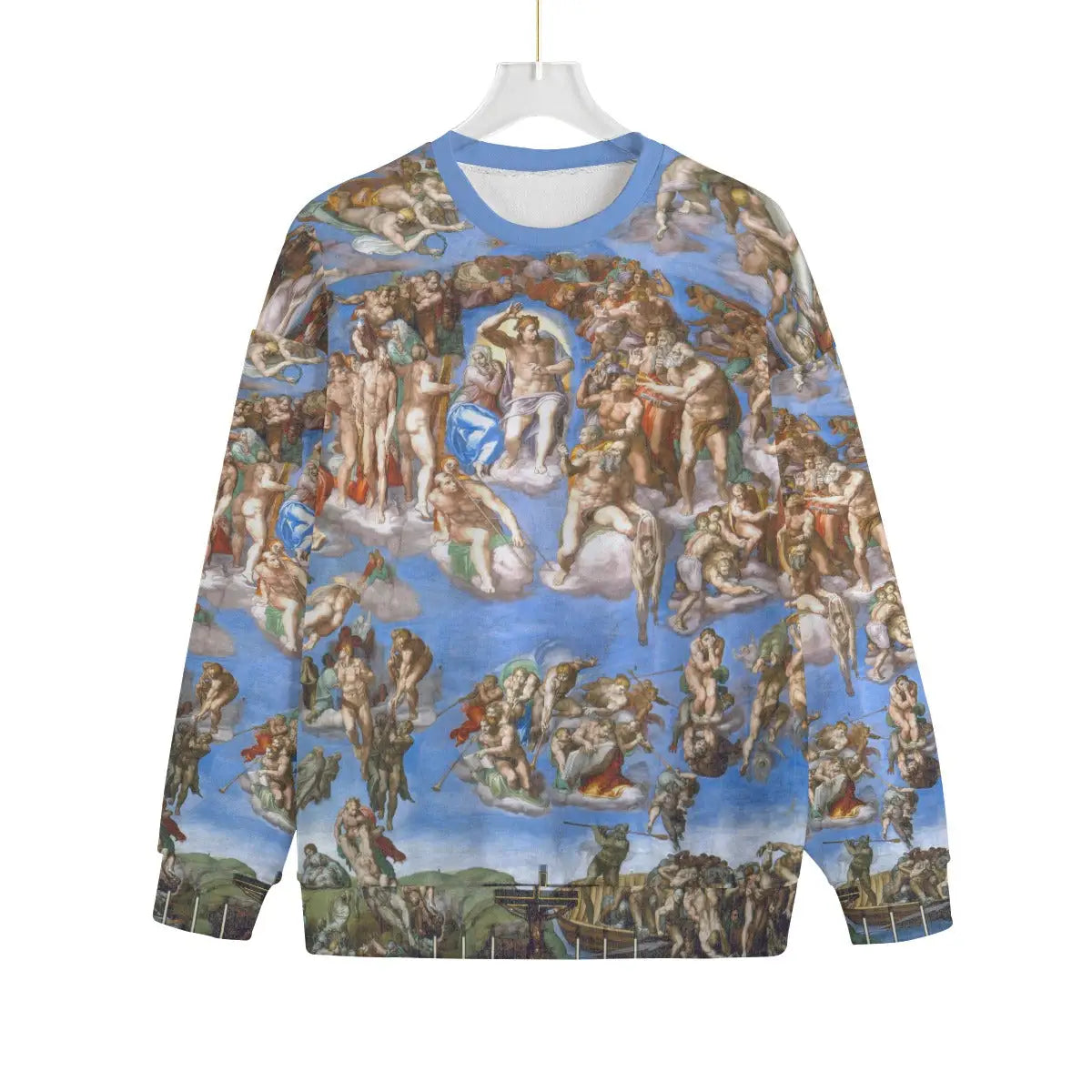 Front view of The Last Judgment Sweater displaying Christ's central figure from Michelangelo's masterpiece