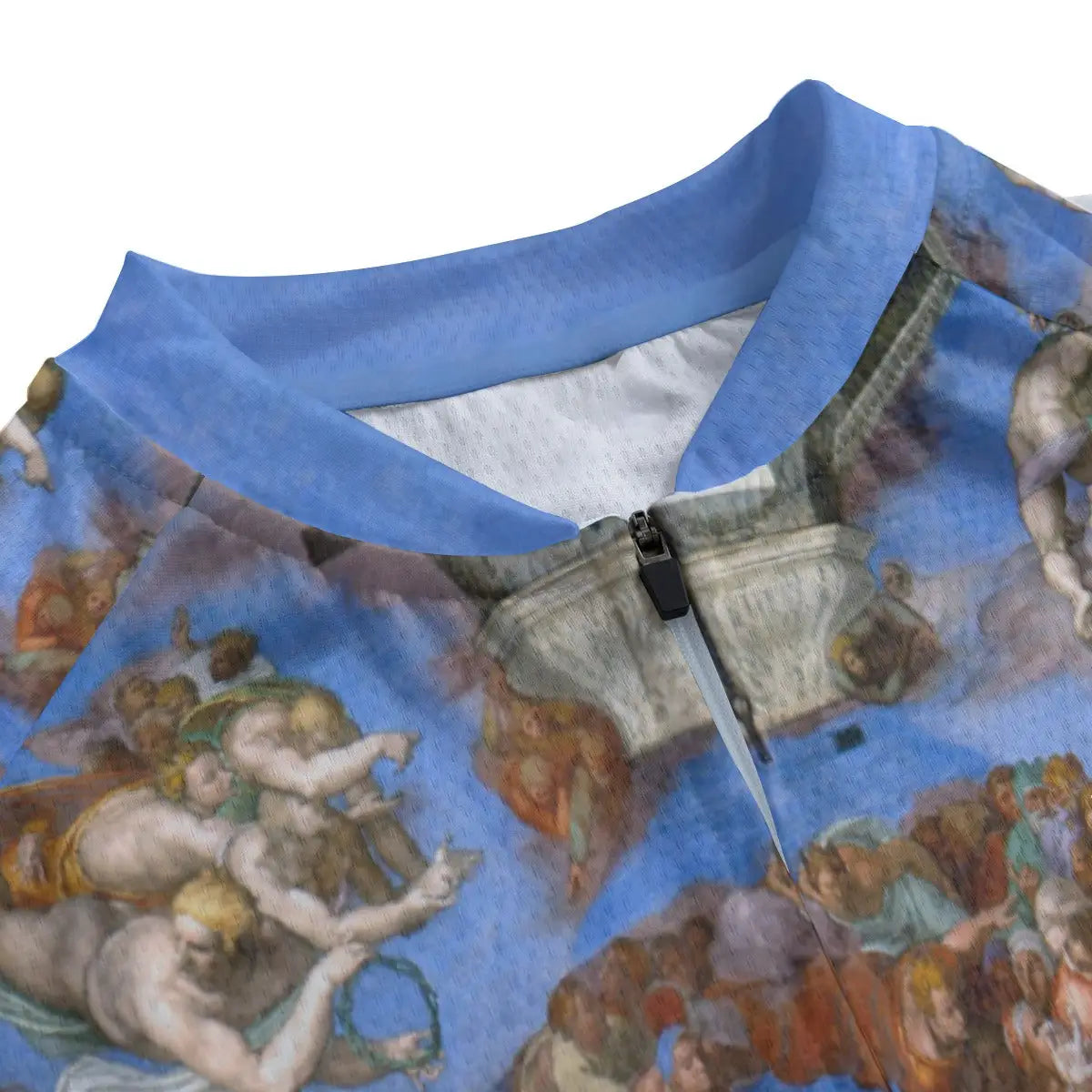 Close-up of secure non-slip rubber hem on Renaissance art cycling jersey maintaining position during intense effort
