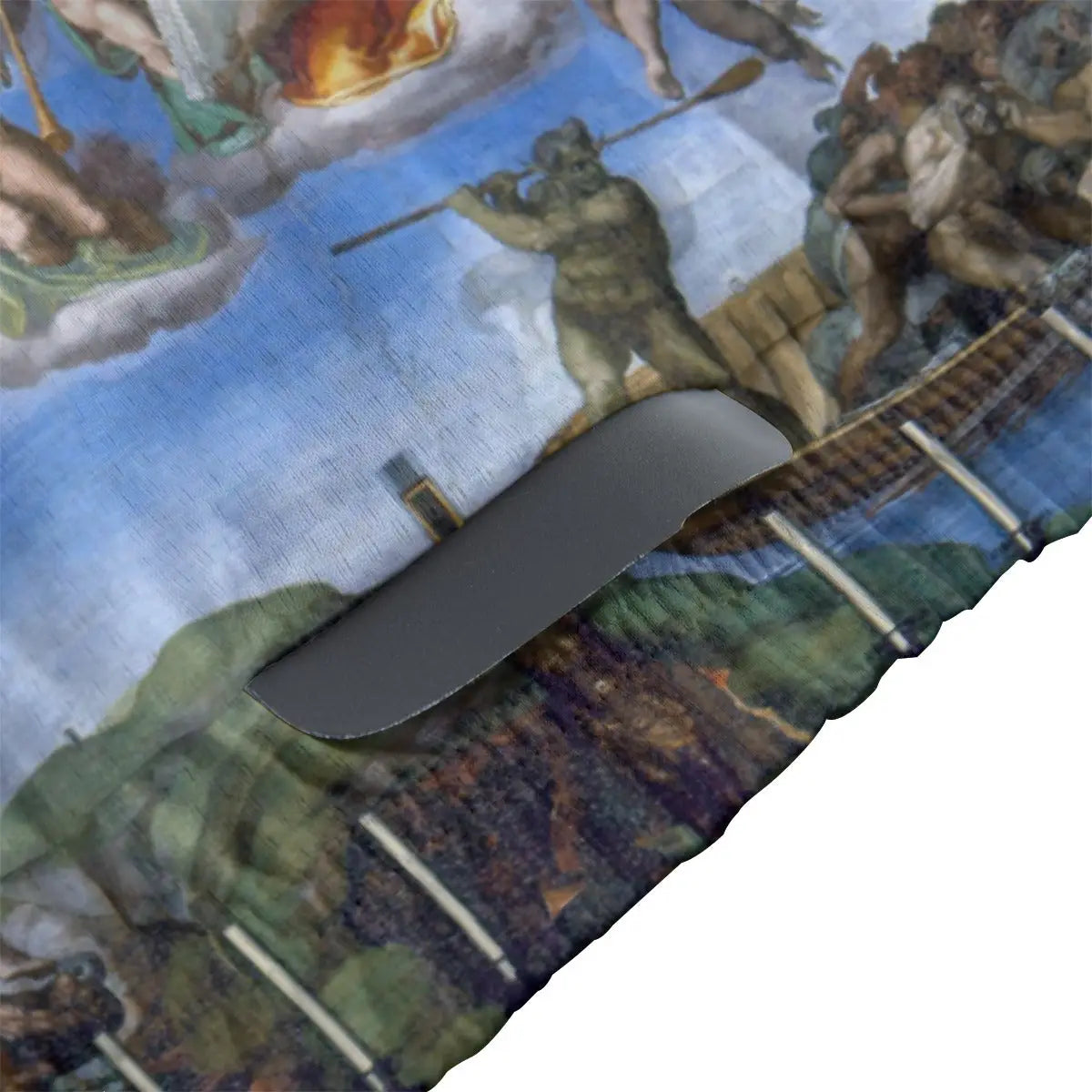 Detailed view of Michelangelo's central figure of Christ as judge reproduced on women's cycling jersey