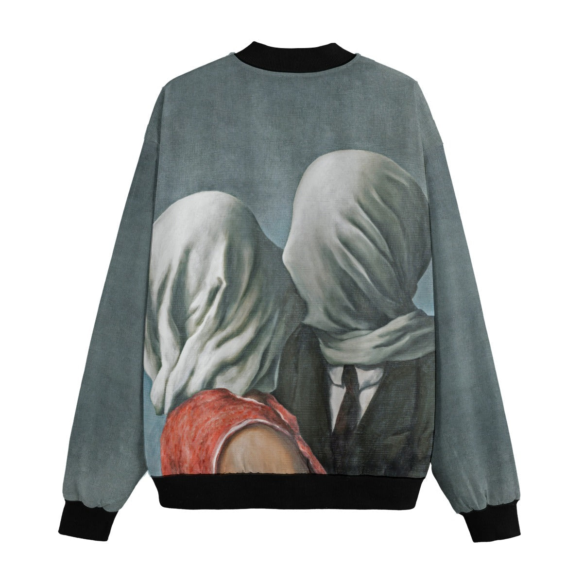 Close-up of The Lovers painting print on eco-friendly René Magritte jacket