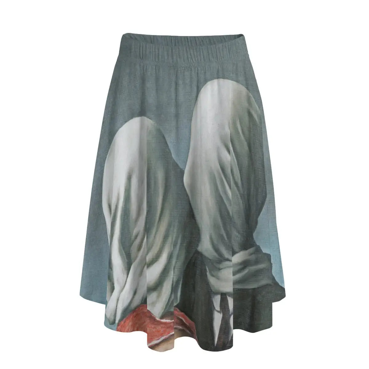 Woman wearing René Magritte's The Lovers long maxi skirt showing the enigmatic veiled couple against simple gray blouse