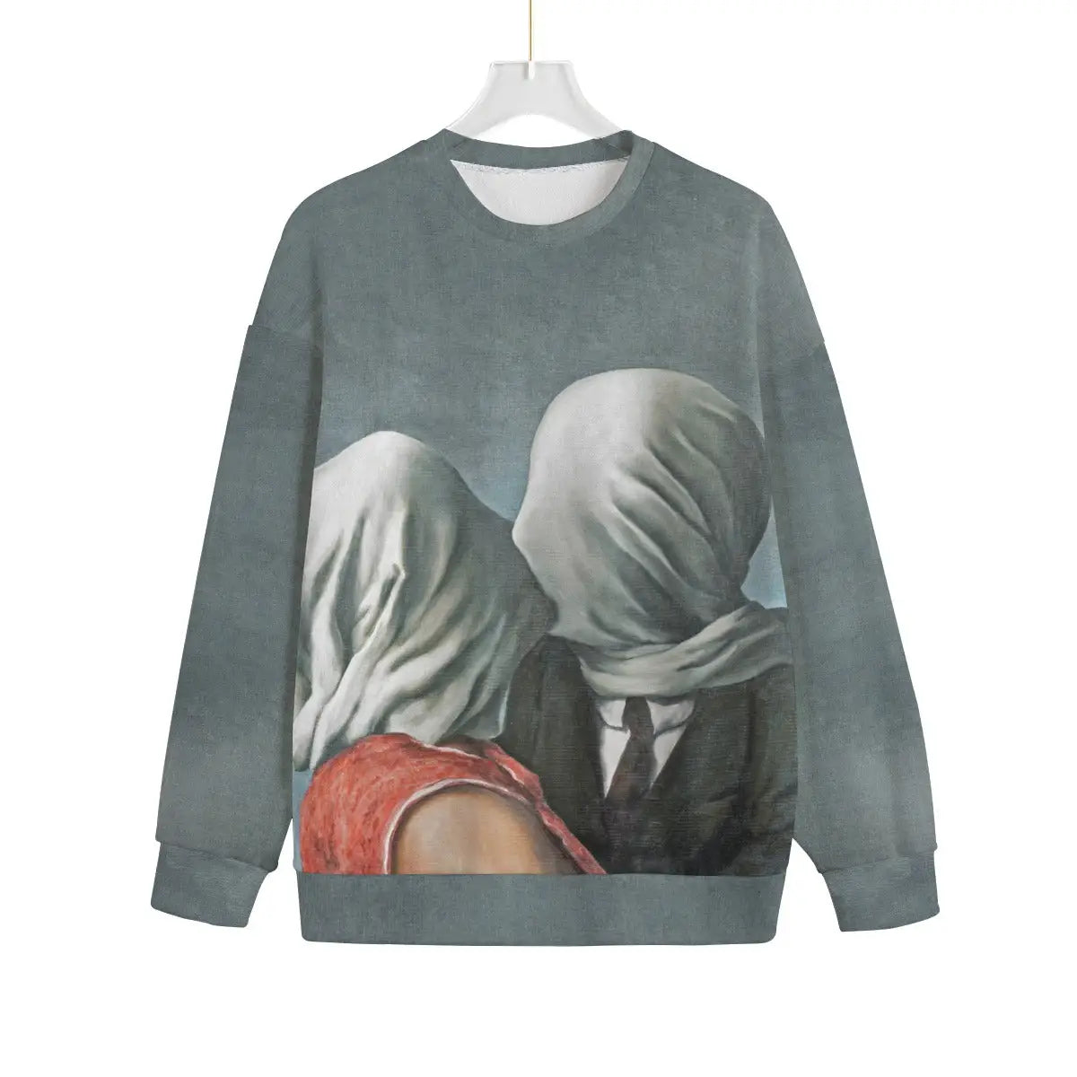 Front view of The Lovers by René Magritte artistic sweater showing veiled figures embracing