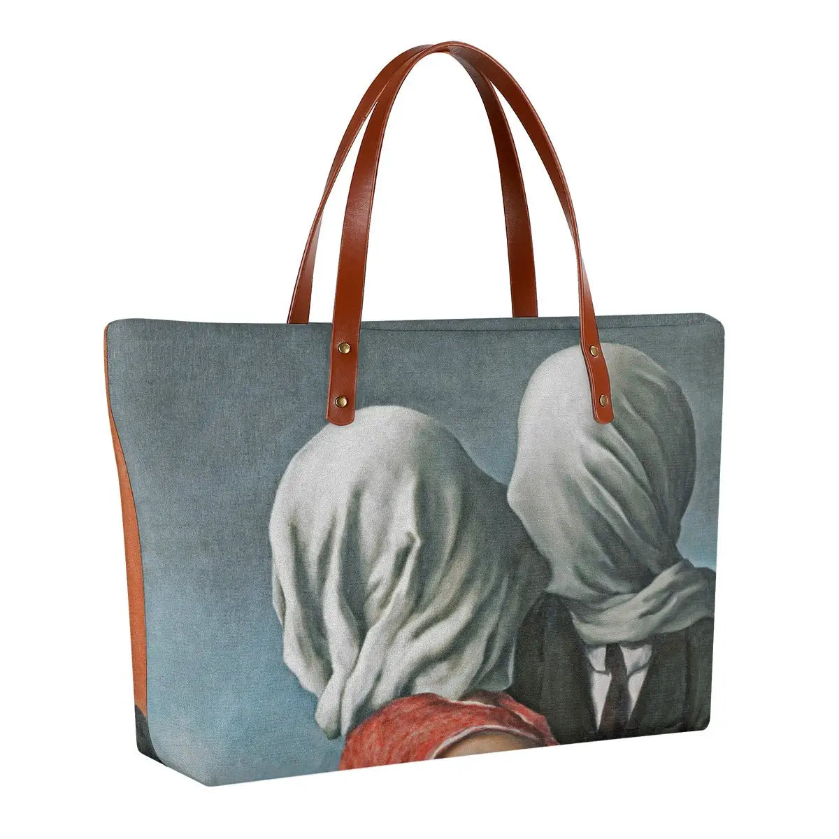 Back view of The Lovers Magritte Tote Bag displaying identical art print quality and black zipper detail