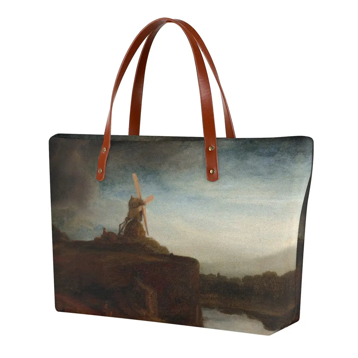 Front view of The Mill by Rembrandt Tote Bag showing windmill against stormy sky