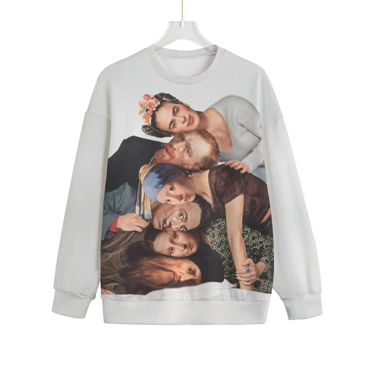 The Most Famous Artists Sweater featuring Van Gogh, Frida Kahlo, and Dali in group portrait design