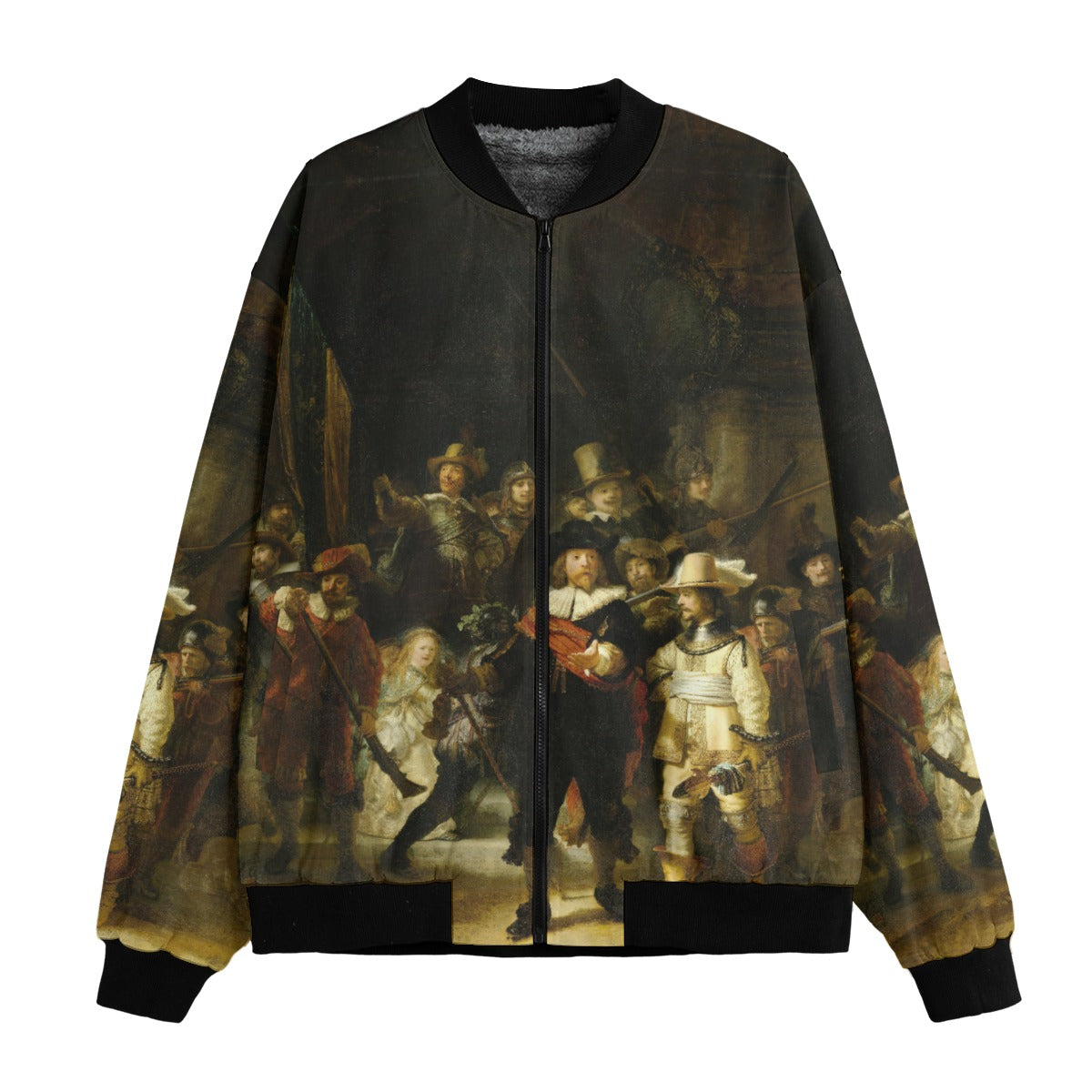 The Night Watch by Rembrandt Jacket front view showing complete painting print on recycled polyester