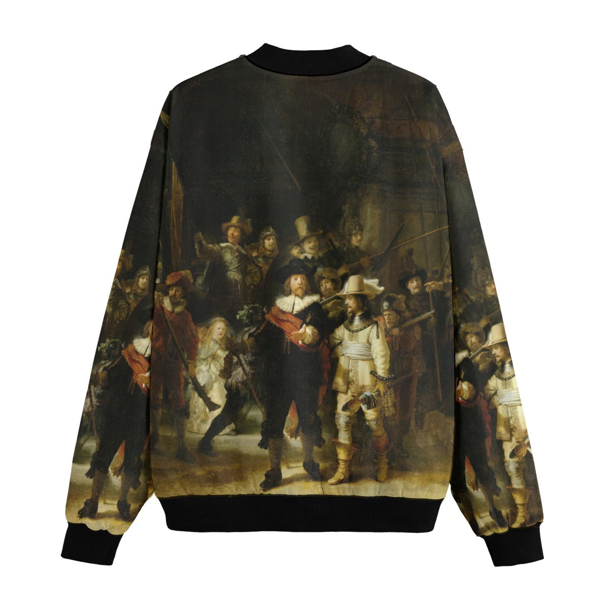 Back view of The Night Watch bomber jacket displaying dramatic light effects from Rembrandt painting