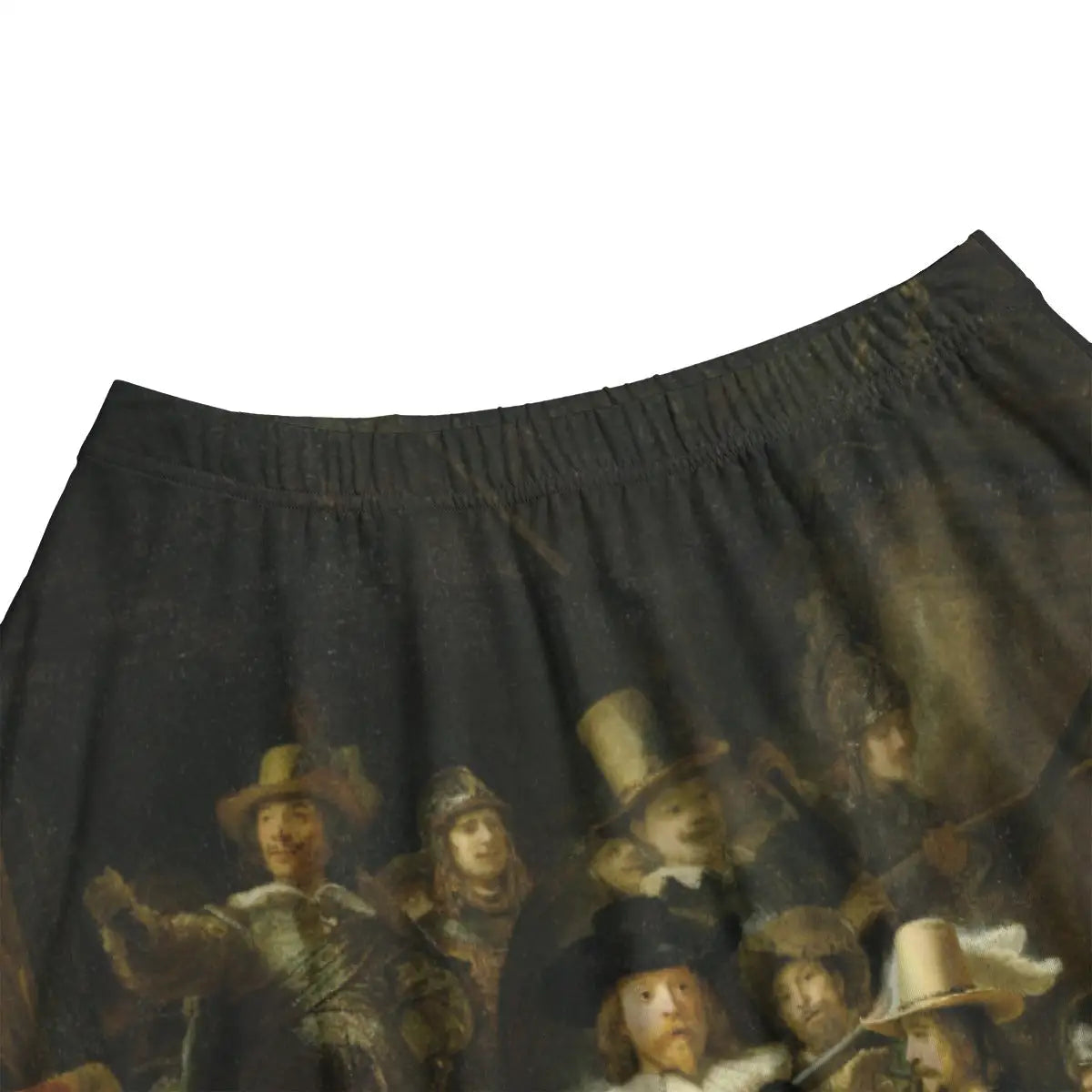 Close-up of Captain Banninck Cocq and Lieutenant Willem van Ruytenburch from Rembrandt's baroque masterpiece beautifully rendered on premium fabric