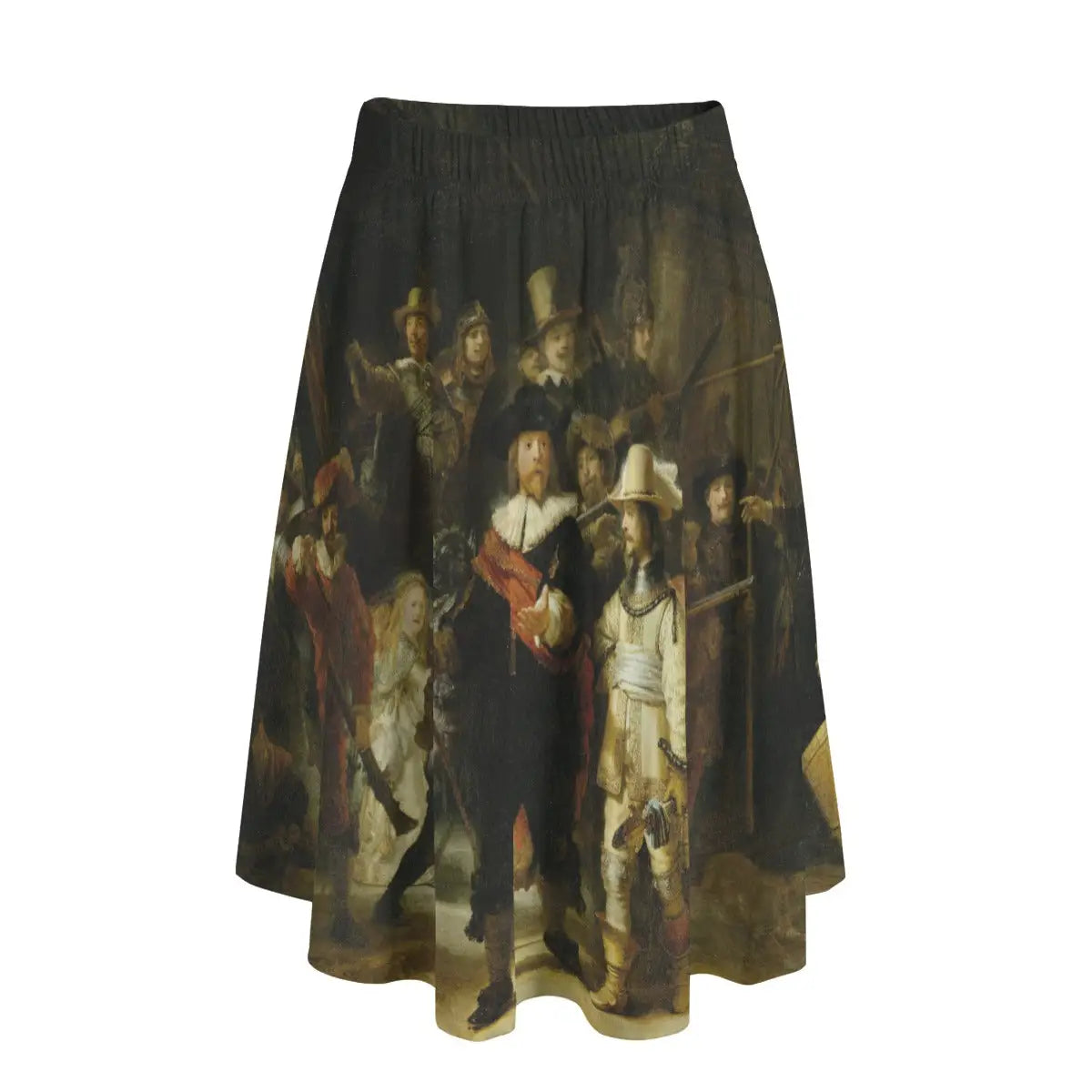Woman wearing Rembrandt's Night Watch long maxi skirt showing the dramatic military scene against simple black turtleneck