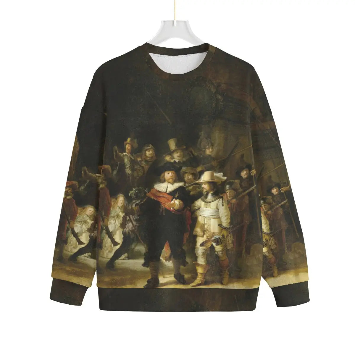 The Night Watch by Rembrandt Sweater showing full artwork print on black Hacci fleece