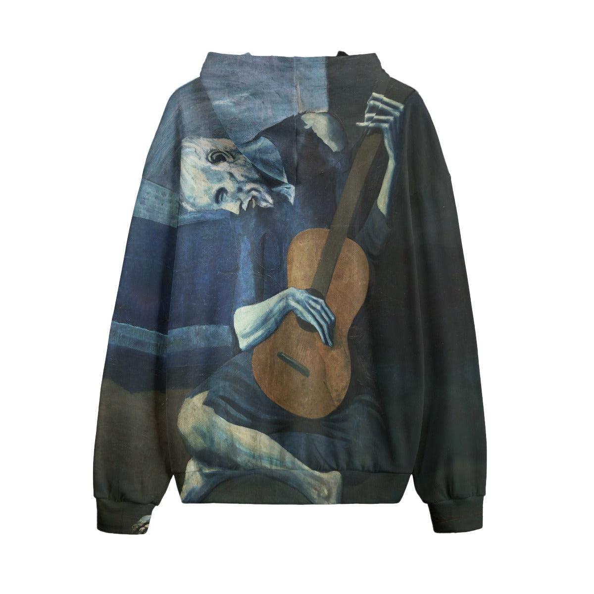 Back view of art hoodie showcasing full print of The Old Guitarist painting