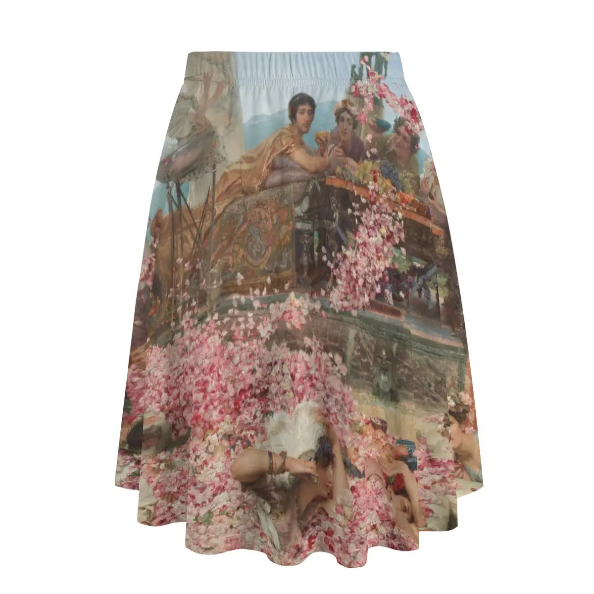 Back view of Roman-inspired maxi skirt showing how the opulent floral cascade wraps elegantly around the garment