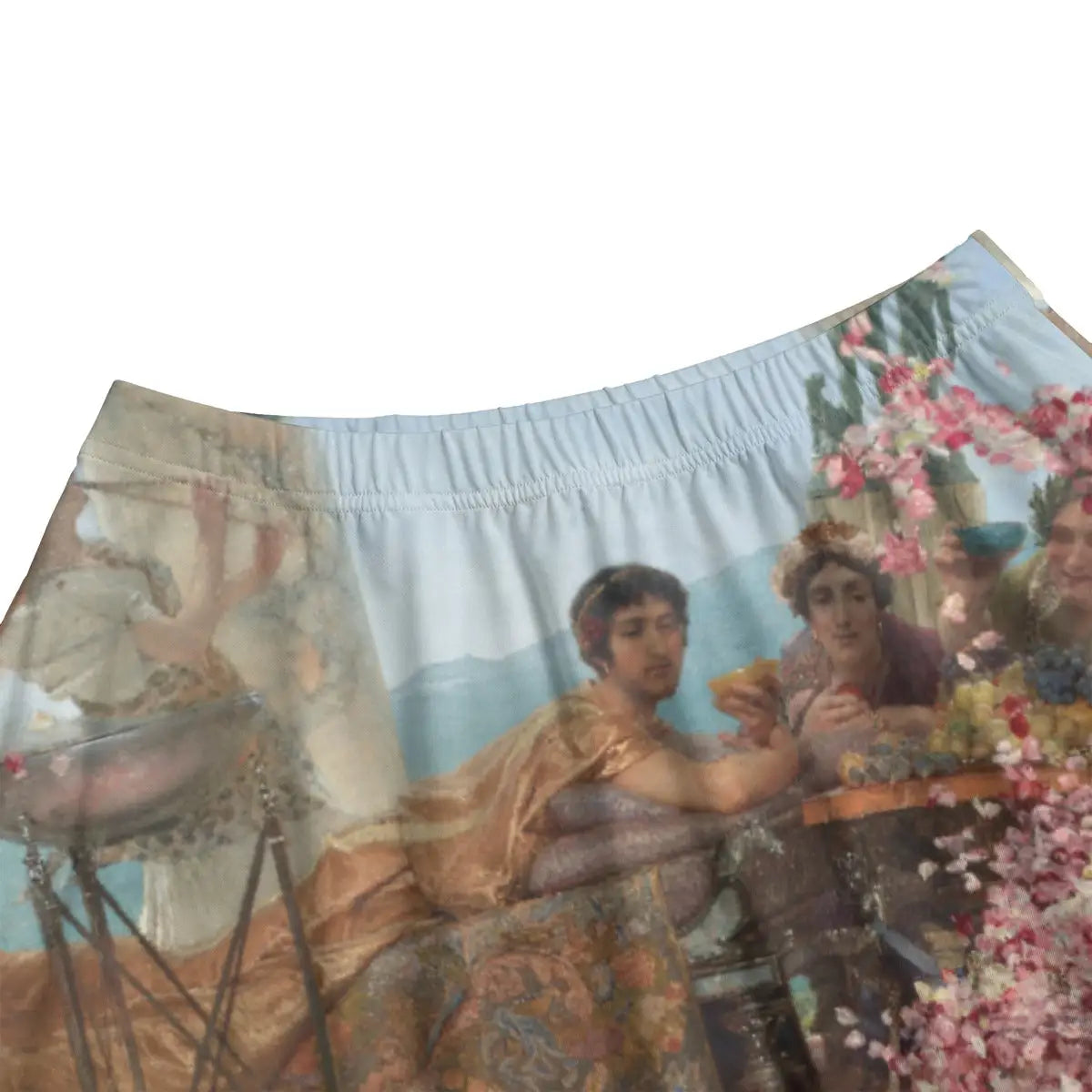 Close-up of abundant pink roses and lounging Romans from Alma-Tadema's decadent masterpiece beautifully rendered on premium fabric