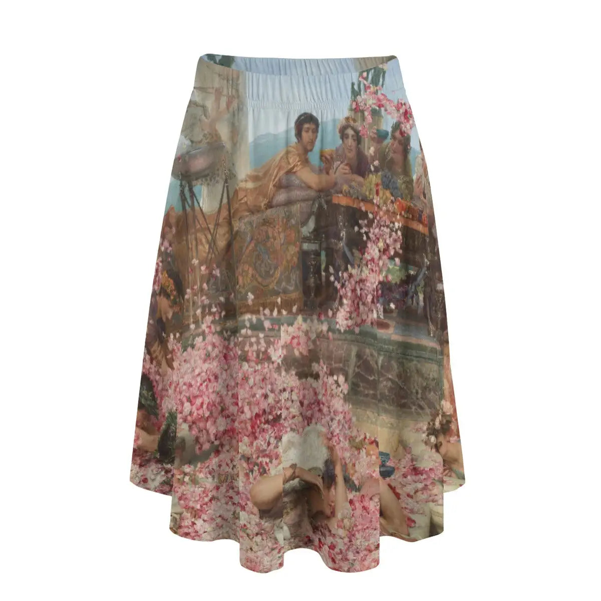 Woman wearing Lawrence Alma-Tadema's Roses of Heliogabalus long maxi skirt showing the luxurious Roman scene against simple ivory blouse